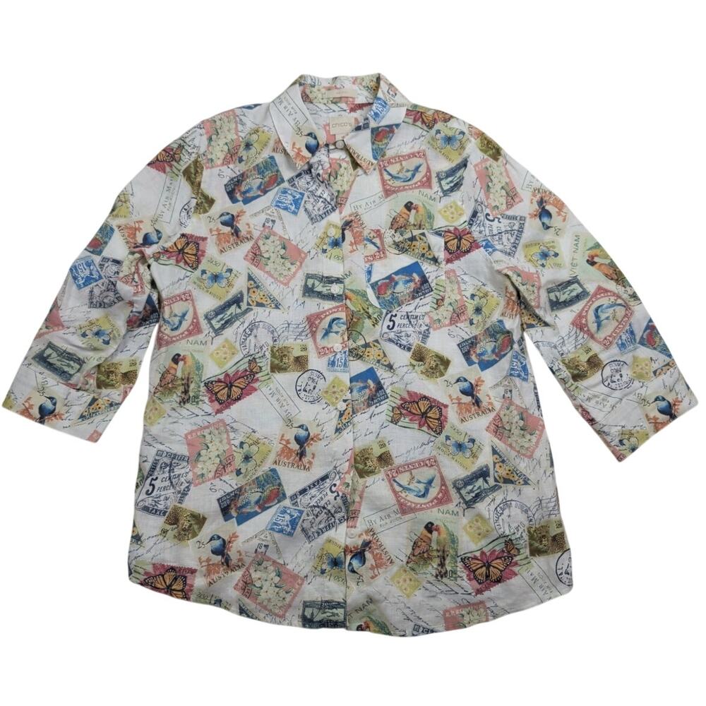 Chico's No Iron Linen Button Up Blouse Novelty Travel Stamp Print Birds Size 0 S - Picture 1 of 7